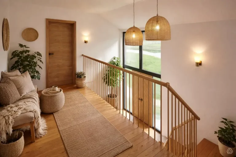 First floor landing at The Sheiling with timber balustrade, natural finishes and large feature window