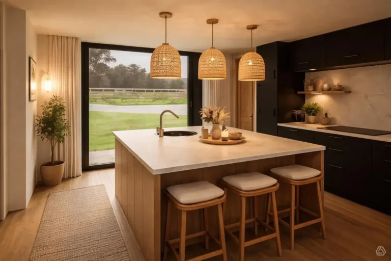 Open plan kitchen at The Sheiling with timber island, pendant lighting and countryside views