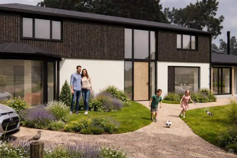 The Sheiling with Shou-sugi-ban timber cladding, white render and landscaped rural setting